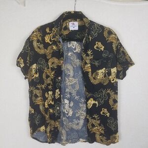 Urban Shores Dragon Print Shirt Men Large Black Gold Excellent Viscose Button Up